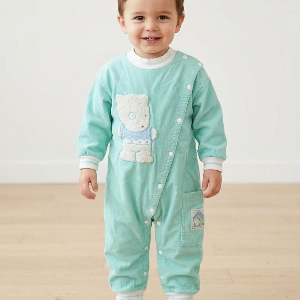Vintage Offspring Light Teal Corduroy Bear Jumpsuit Romper Size 2-3 retro baby